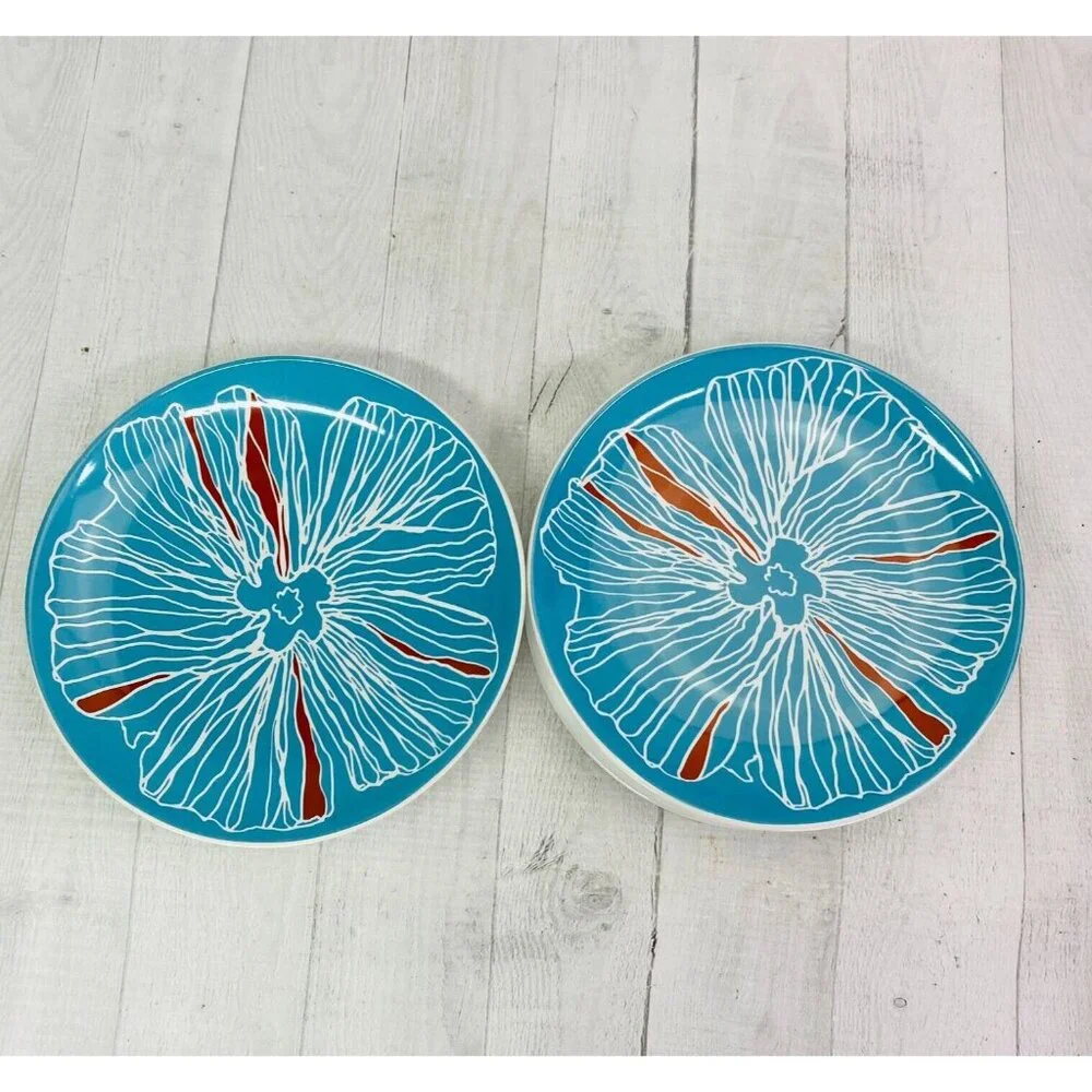 Ikea BULLRA 15199 Turquoise Red Floral Round Stoneware Lunch Salad Plates Set 6